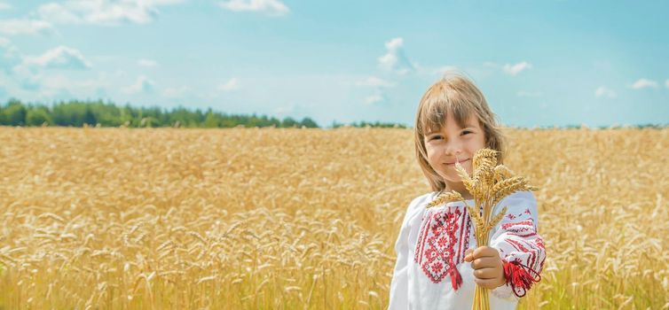 A child in a field of wheat in an embroidered shirt. Ukrainian. Selective focus.