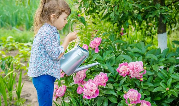 child watering flowers in the garden. Selective focus.
