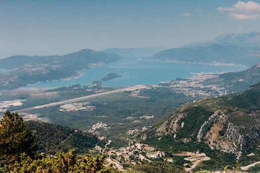 Beautiful nature mountains landscape. Kotor bay, Montenegro. Views of the Boka Bay, with the cities of Kotor and Tivat with the top of the mountain, Montenegro.