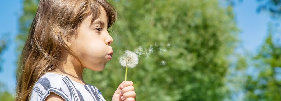 girl blowing dandelions in the air. selective focus.