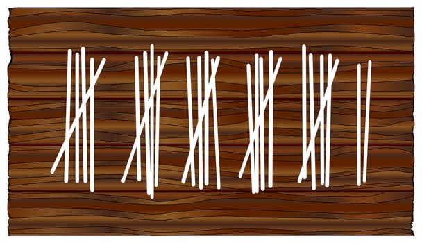Wood boards with several Tally scratch marks engraved over a white background