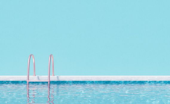 3D illustration of modern swimming pool with transparent clear water and ladder located against bright blue background