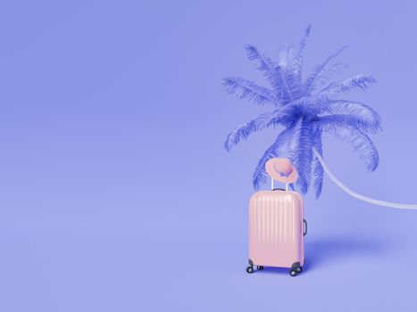 3D rendering of modern hard side pink suitcase and hat against bright purple background with palm tree illustration
