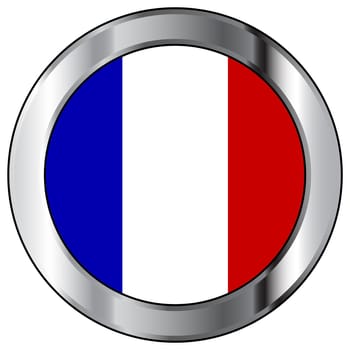 The national flag of France in red white and blue set within a button