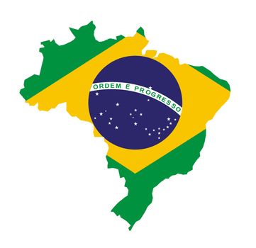 Outline map of the South American country of Brazil set over the national flag isolated on a white background