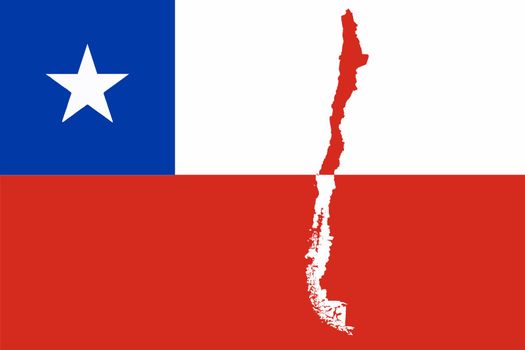 Silhouette red and white map of the South American country of Chile set onto the national flag