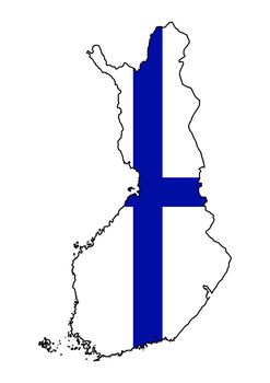 Outline silhouette map of Finland with the national flag over a white background