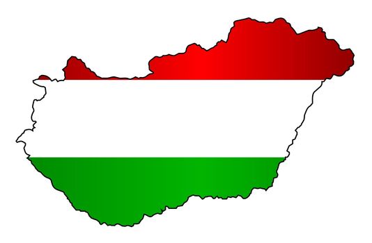 Outline map of Hungary in silhouette with the national flag inset over a white background