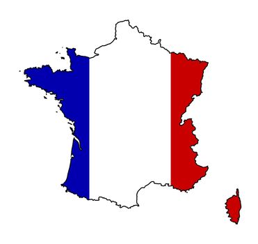 Outline silhouette map of France with the national red white and blue flag isolated on a white background