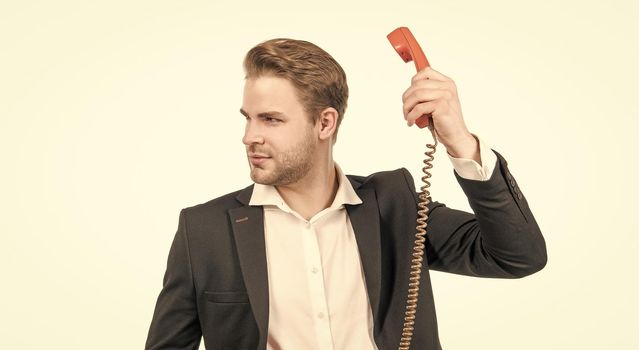 Hold on. Lawyer pick telephone receiver. Professional man use vintage telephone. Retro connection. Making phone call for business. Old-fashioned communication.