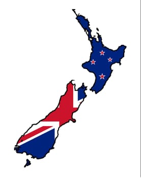 Outline silhouette map of New Zealand with the national flag icons inset over a white background