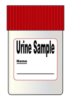 A spoof plastic empty urine sample bottle with label set over a white background