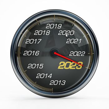 Speedometer needle pointing the year 2023. 3D illustration.