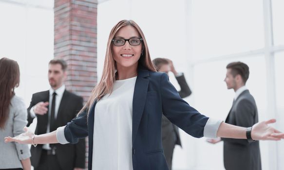 happy business woman with open arms