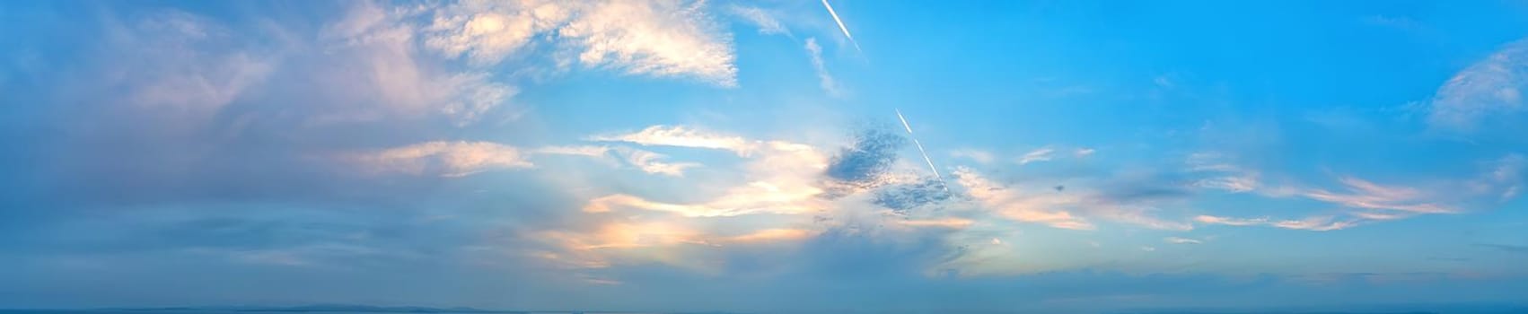 Panoramic view of blue sky with clouds after sunset.