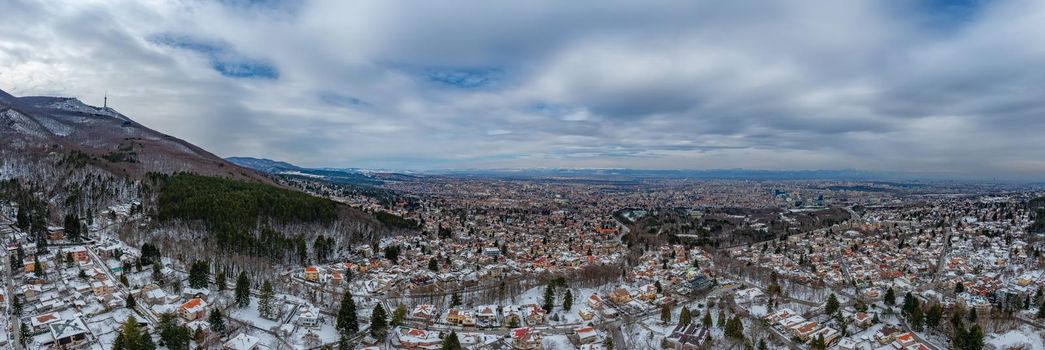 Amazing panoramic view of the city covered with snow. Sofia, Bulgaria