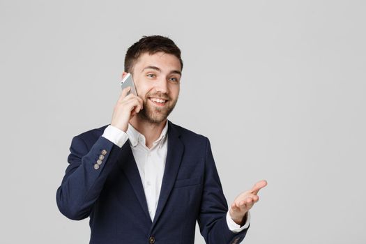 Lifestyle and Business Concept - Portrait of a handsome businessman enjoy talking with mobile phone. Isolated White background. Copy Space.