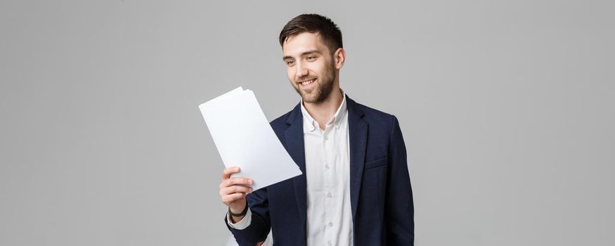 Business Concept - Portrait Handsome Business man happy working with annual report. White Background. Copy Space.