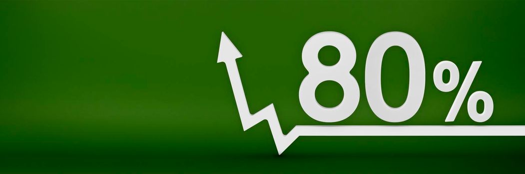 80 percent. The arrow on the graph points up. Rising prices, inflation, increase in income, increase in interest rates, taxes. 3d banner, eighty percent sign discount on a green background