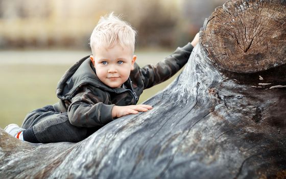 Agile boy climb over big branch. Cautiously looking at camera like having plans to make a prank. Active kid in nature environment