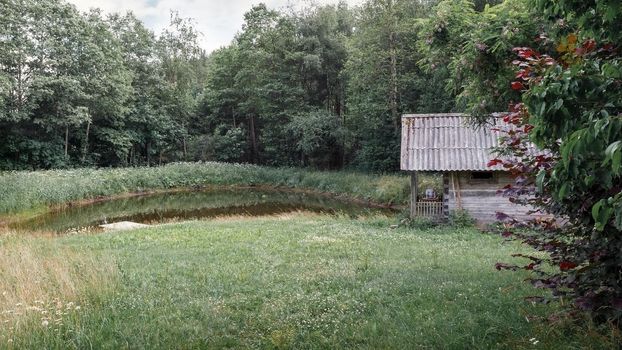 Old and abandoned bathhouse near the pond in meadow, country forest, Lithuania