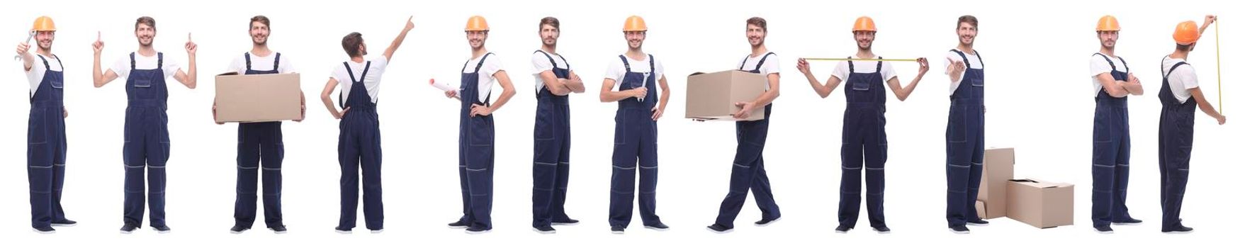 panoramic collage of skilled handyman isolated on white background.