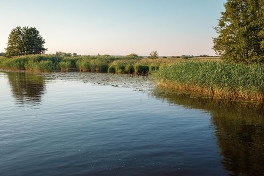 River delta shore and Lithuanian fields in the distance