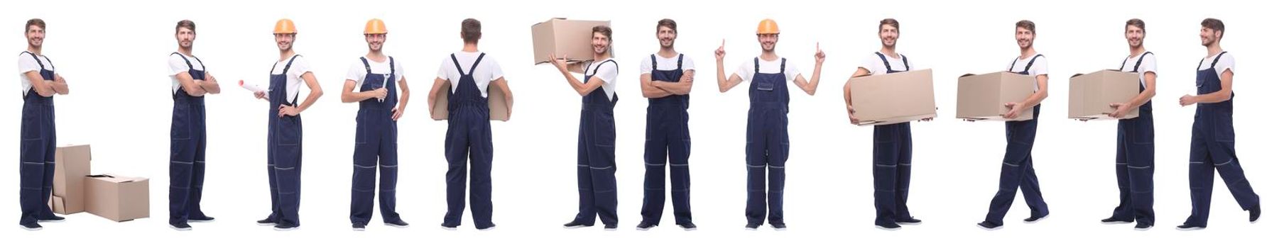 panoramic collage of male handyman isolated on white background.