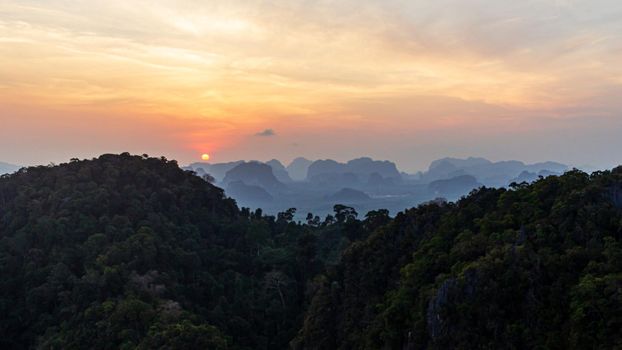 Thailand green nature mountain panoramic view from top, at sunset time