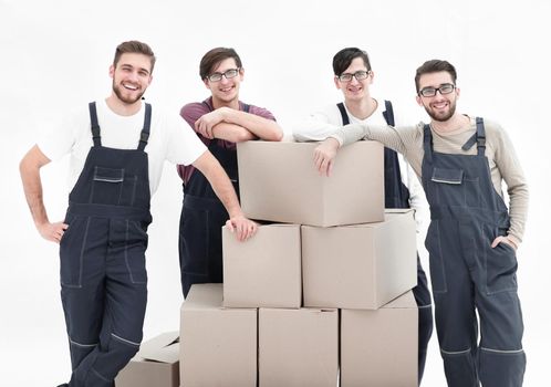 Workers deliver boxes, isolated, white background.