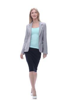 in full growth. confident business woman. isolated on grey background