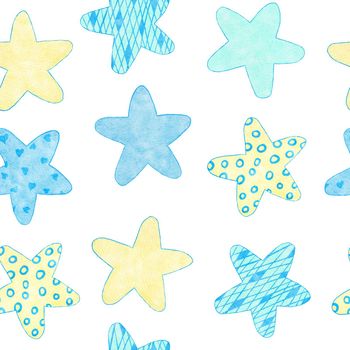 Watercolor hand drawn seamless pattern of blue boy baby shower fabric print. Pastel nursery stars rainbow balloons clouds. Cute kawaii birthday invite invitation illustration design transport car