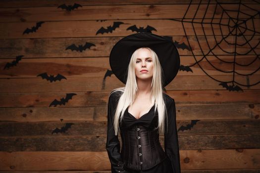 Halloween witch concept - Happy Halloween Sexy Witch holding posing over old wooden studio background