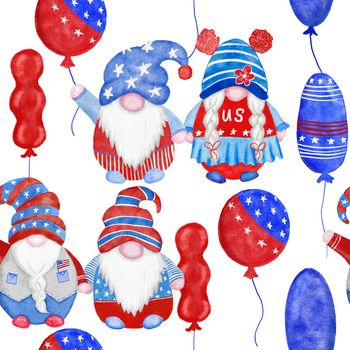 Watercolor hand drawn seamless border with 4th of july gnomes background, fourth of july Independence day patriotic print, red blue white balloons gifts, summer party decoration, stars and stripes