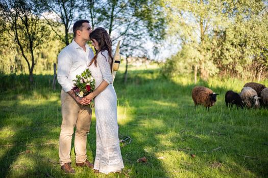 General plan of Caucasian brides kissing top view