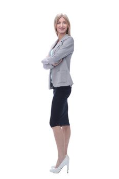 in full growth. confident business woman. isolated on grey background