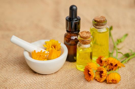 The calendula extract. Medicinal plants. Selective focus nature
