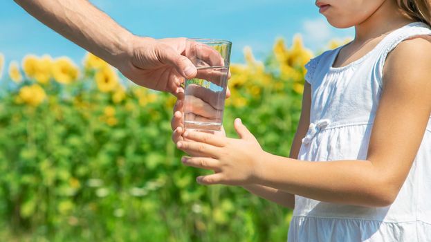 The father gives the child water in the background of the field. Selective focus.