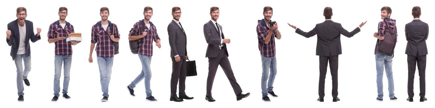 panoramic collage of self-motivated young man .isolated on white background