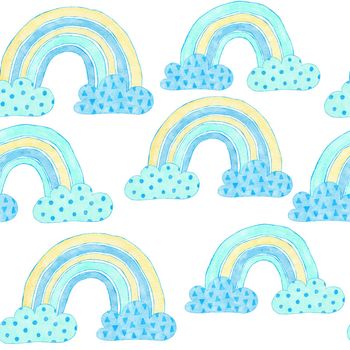 Watercolor hand drawn seamless pattern of blue boy baby shower fabric print. Pastel nursery stars rainbow balloons clouds. Cute kawaii birthday invite invitation illustration design transport car
