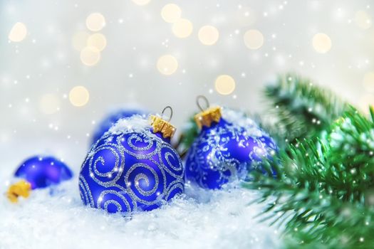 Christmas cards with snow and decor. Selective focus. New year.