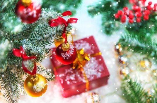 Christmas cards with snow and decor. Selective focus. New year.