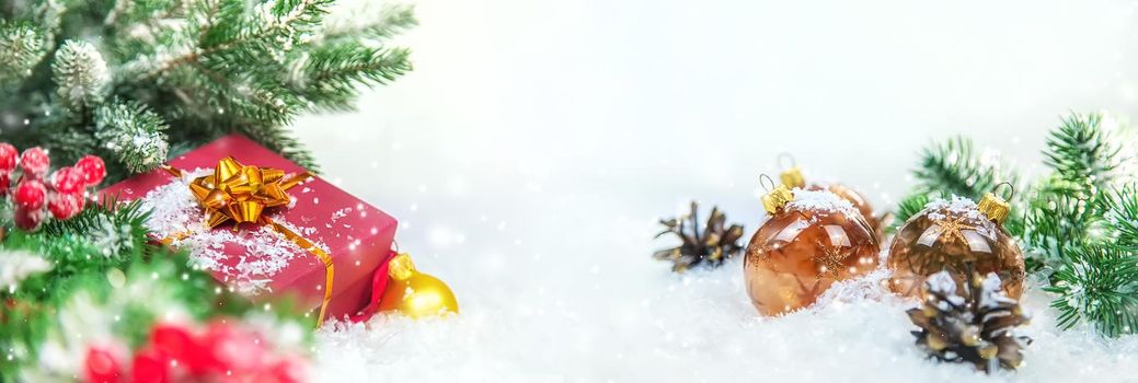 Christmas cards with snow and decor. Selective focus. New year.