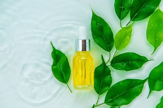 Cosmetics in a bottle in water, skin hydration concept. Selective focus. Nature.