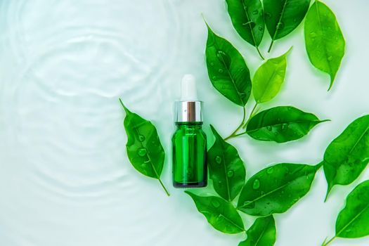 Cosmetics in a bottle in water, skin hydration concept. Selective focus. Nature.