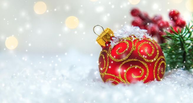 Christmas cards with snow and decor. Selective focus. New year.