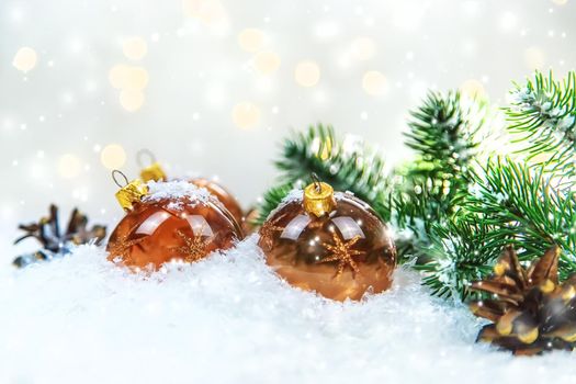 Christmas cards with snow and decor. Selective focus. New year.