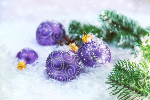 Christmas cards with snow and decor. Selective focus. New year.