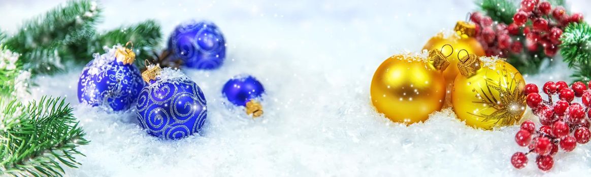 Christmas cards with snow and decor. Selective focus. New year.