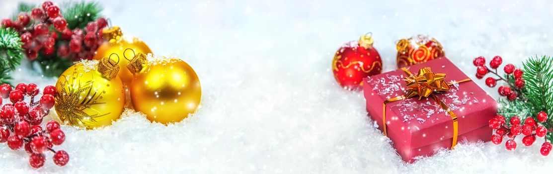 Christmas cards with snow and decor. Selective focus. New year.